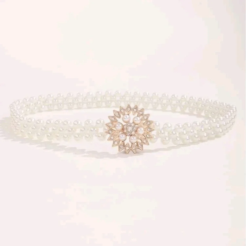 Pearl Stretch Waist Gold Rhinestone Buckle Belt Elastic Coquette Bridal Wedding
